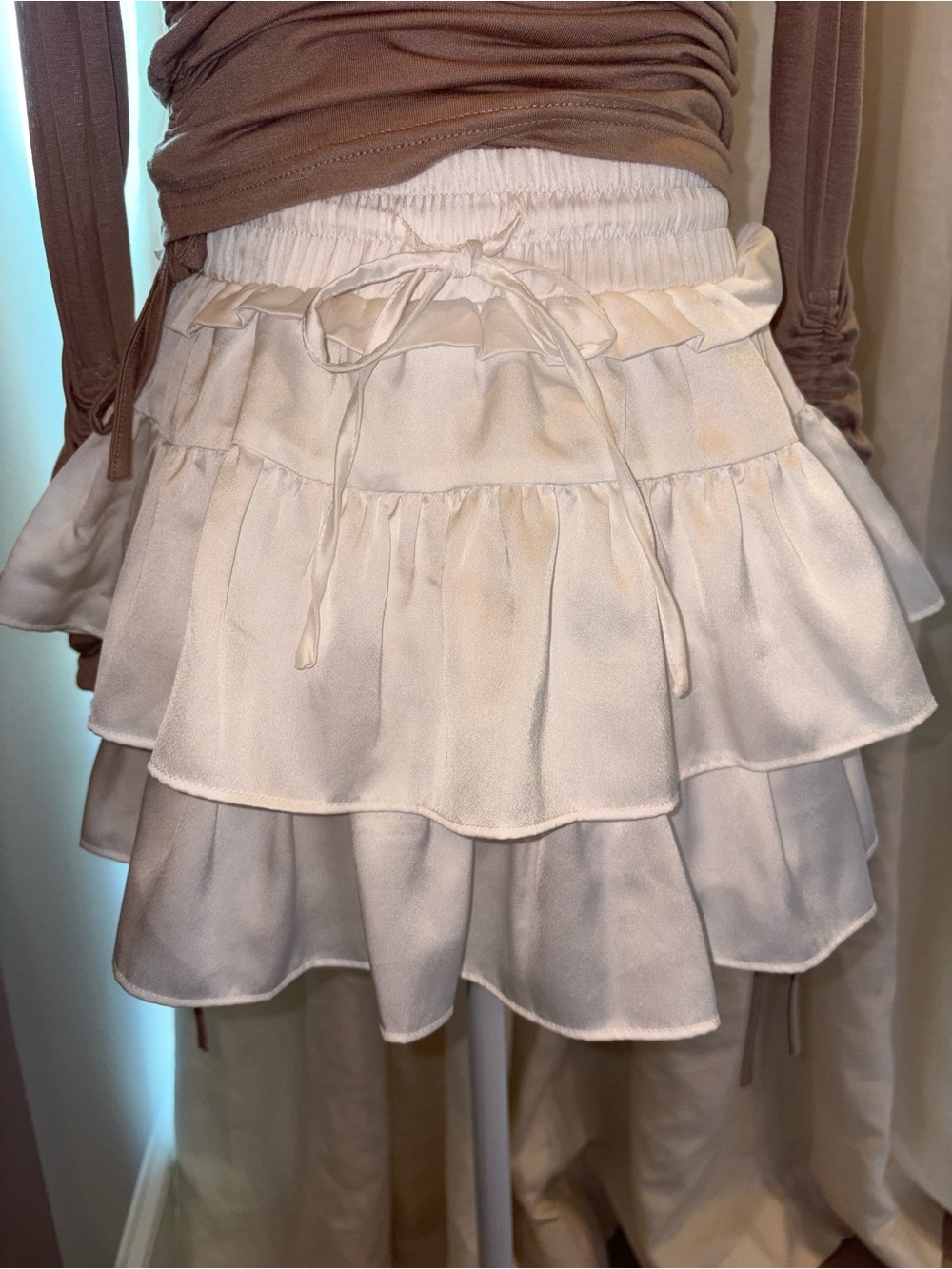 Tiered Ruffle Mini Skirt in Cream with Drawstring Waist